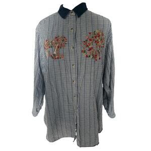 Victoria Jones Vintage 22W Gingham Fall Leaves Embroidery Shirt‎ Corduroy Collar